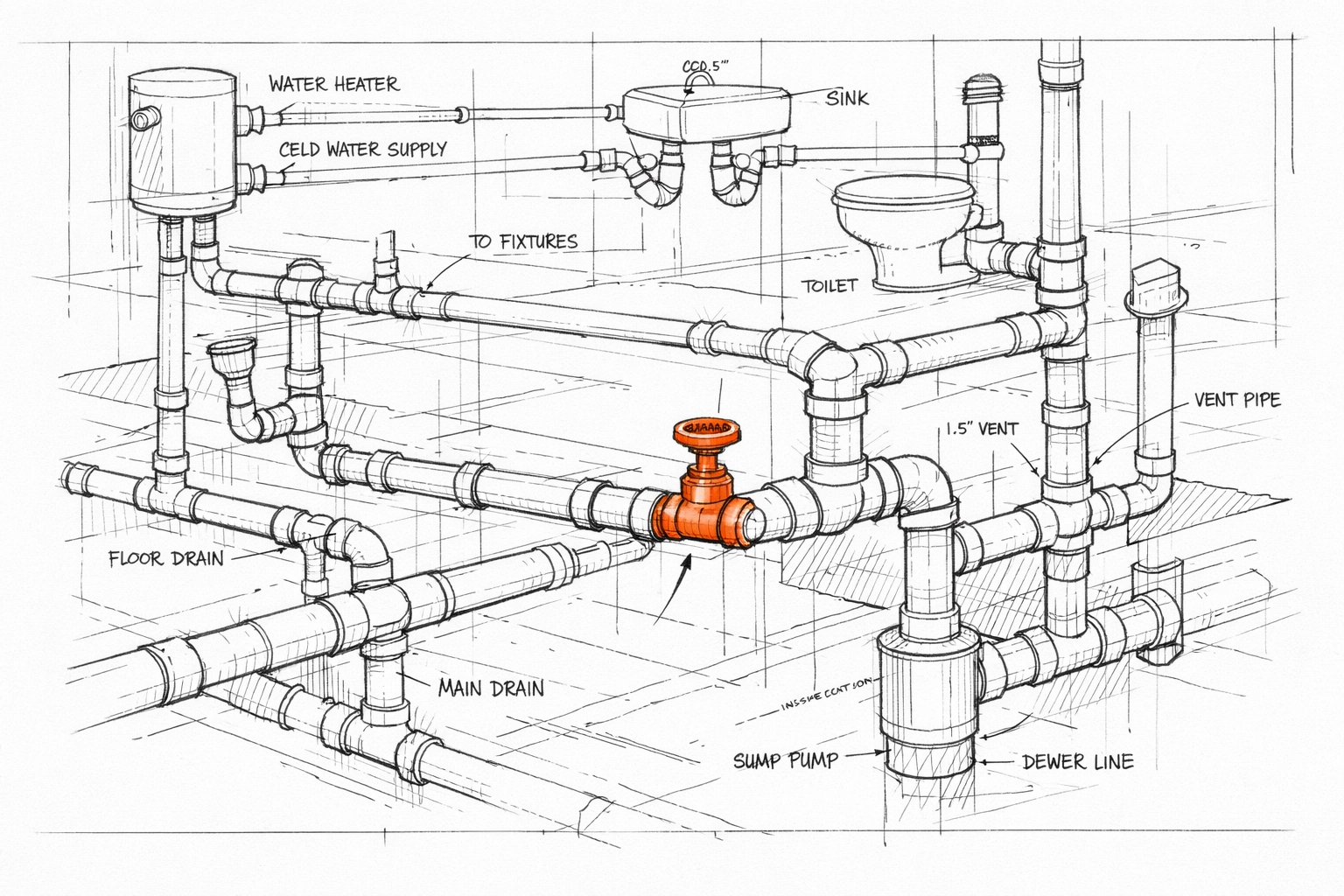 Architectural blueprint sketch identifying a point of failure to illustrate construction contractor liability risks.