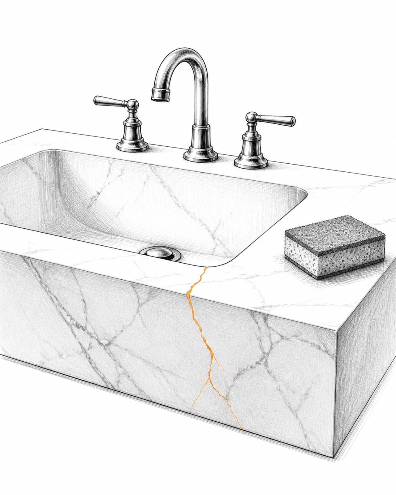 A sketch of a cracked marble sink, highlighting the risks of property being worked on