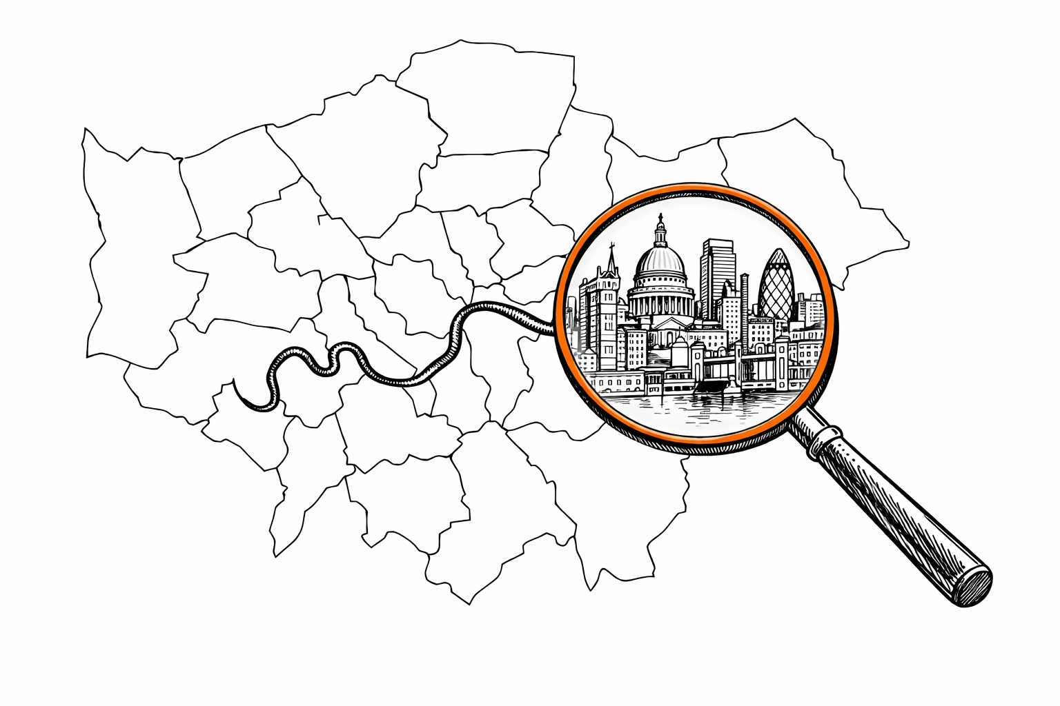 Sketch of London boroughs with a magnifying glass highlighting local insurance risks and requirements.
