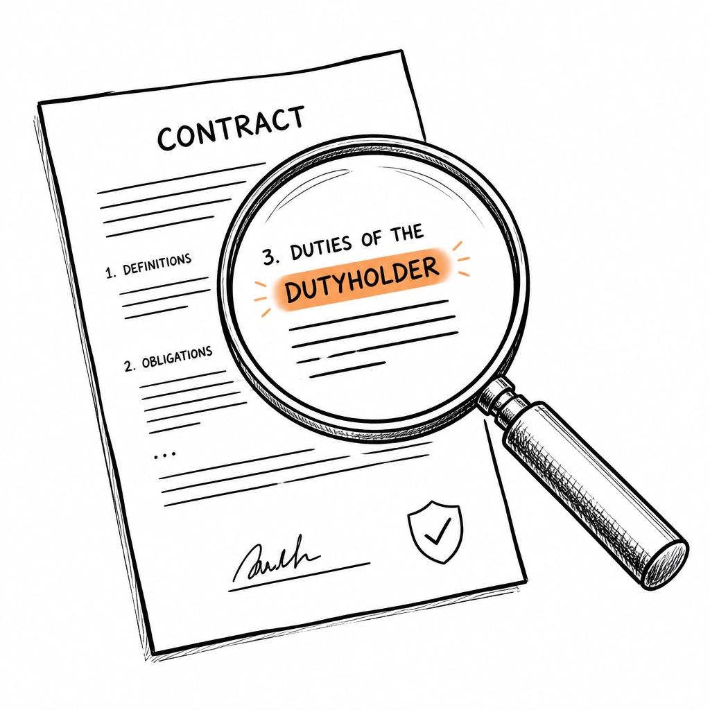 A magnifying glass highlighting the word DUTYHOLDER on a contract
