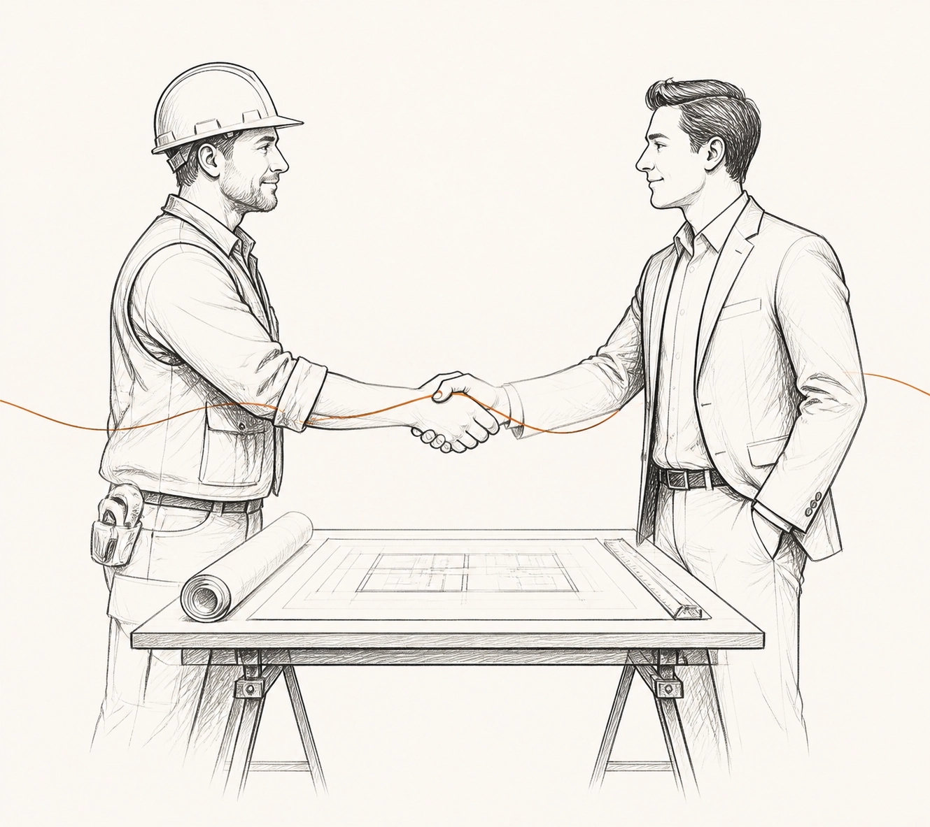 Sketch of a contractor and insurance broker shaking hands to finalize a policy renewal partnership.