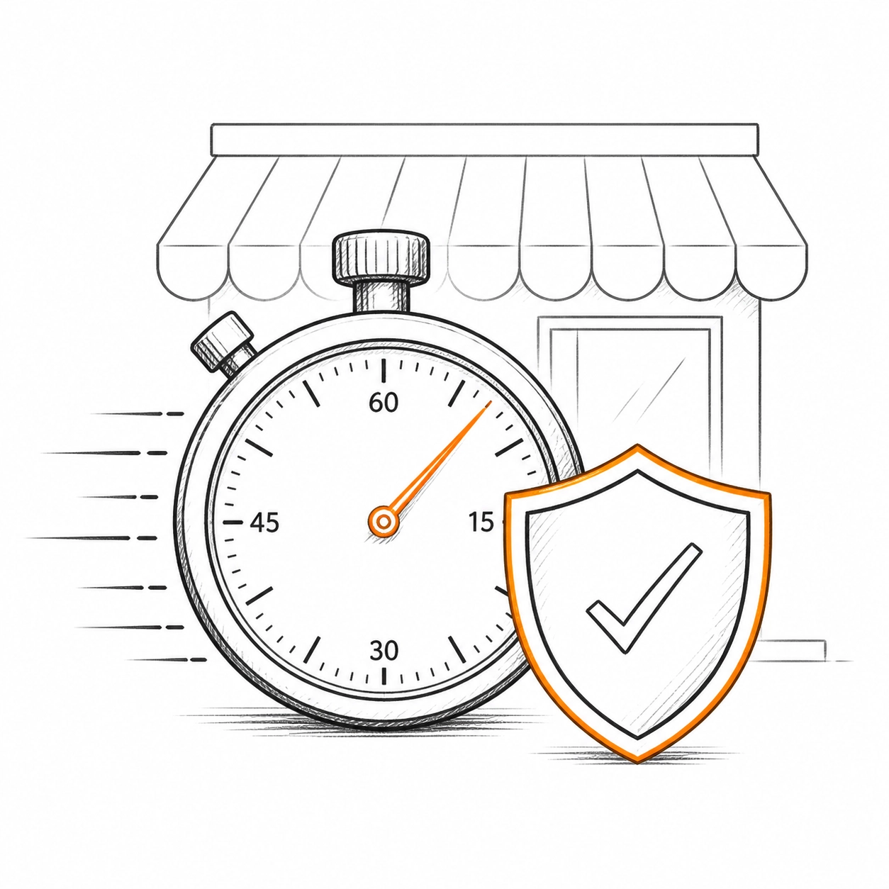 A stopwatch and shield sketch depicting fast claims service for London commercial business insurance.