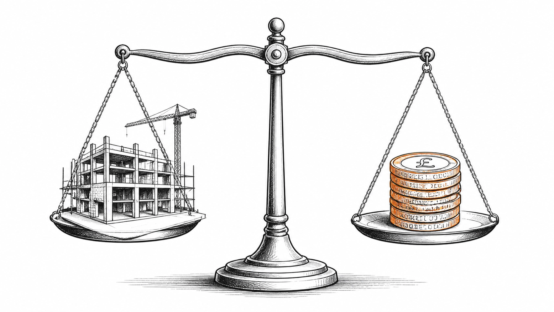 A minimalist sketch of a scale balancing a building with stacks of coins.