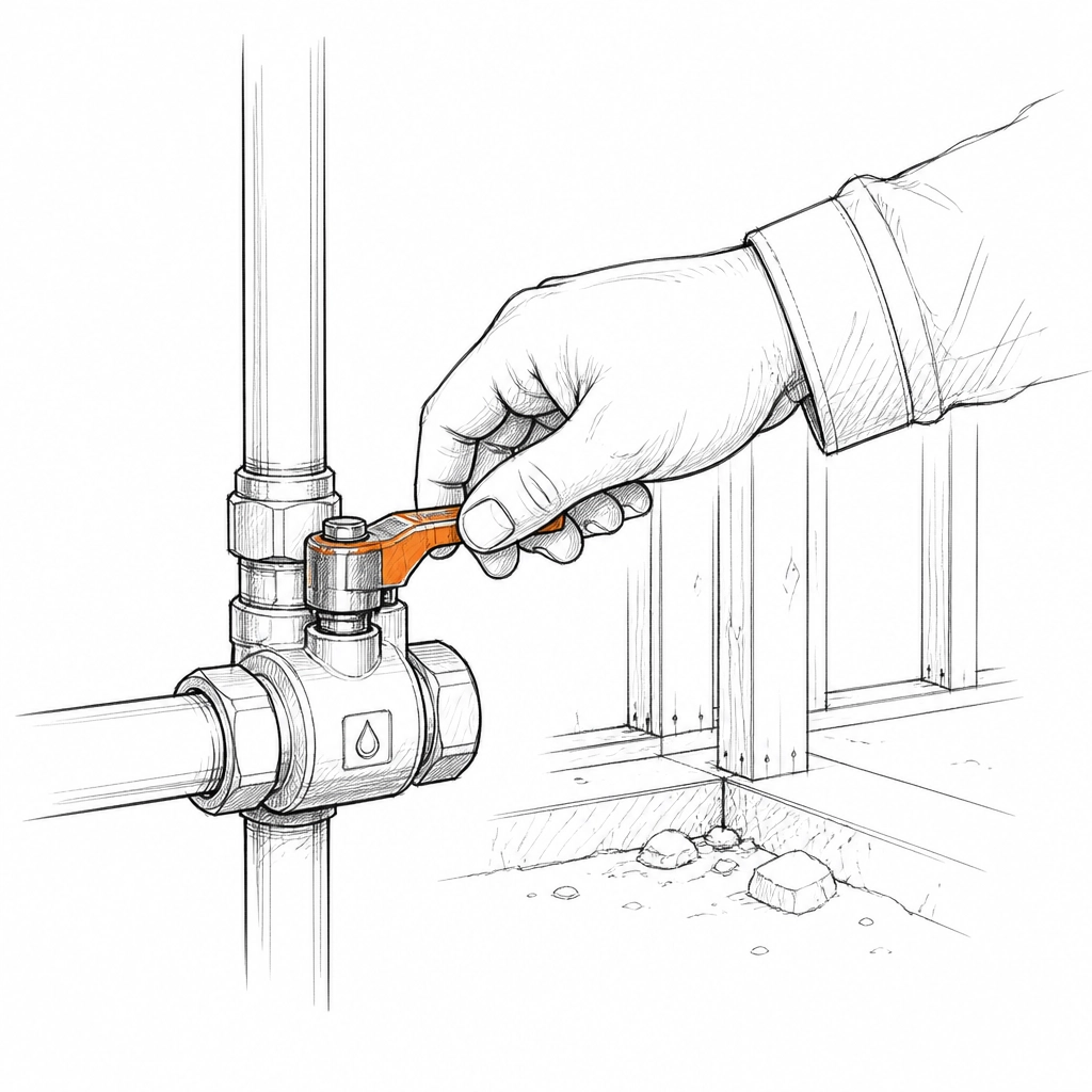 A minimalist sketch of a hand turning a water isolation valve.