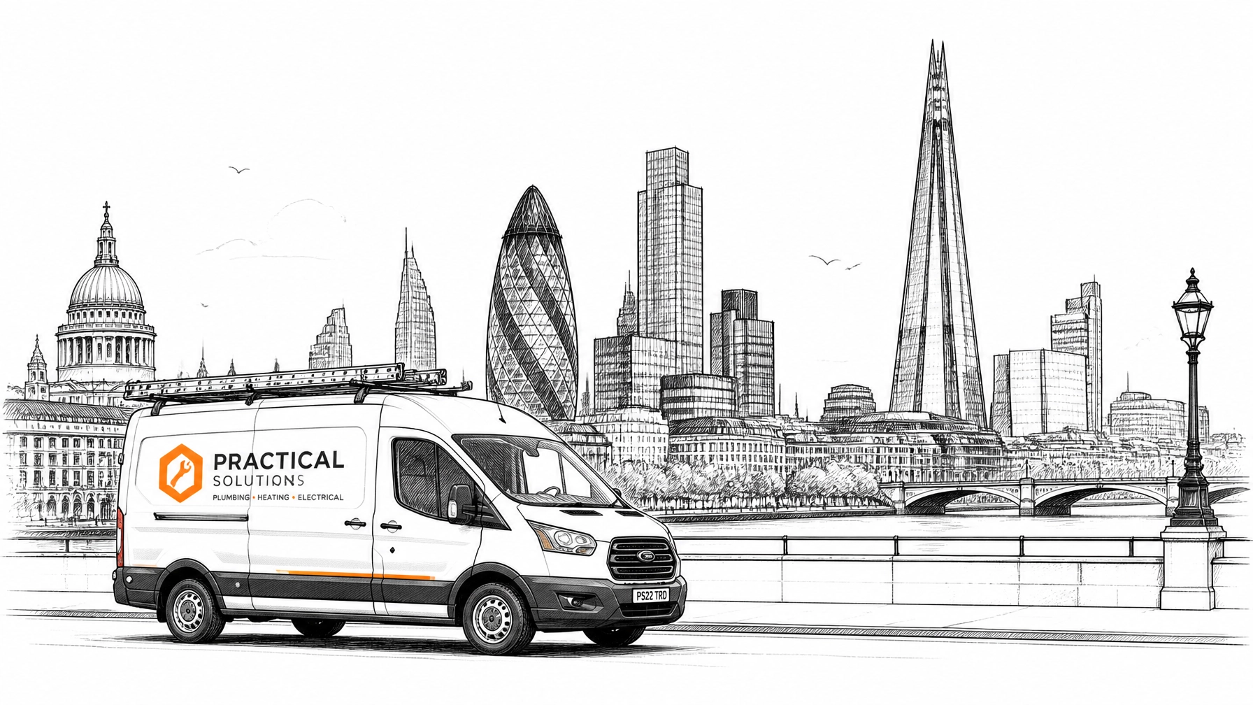 Minimalist London skyline sketch with a tradesman's van