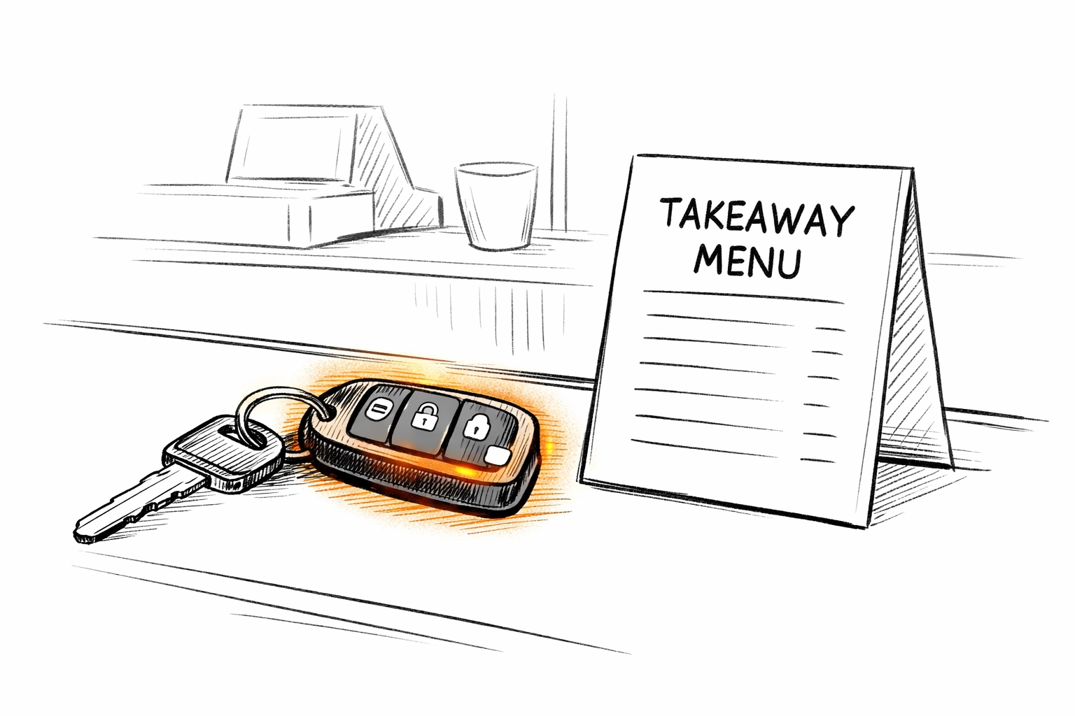 Hand-drawn car keys on a counter representing non-owned auto liability for takeaway delivery drivers.