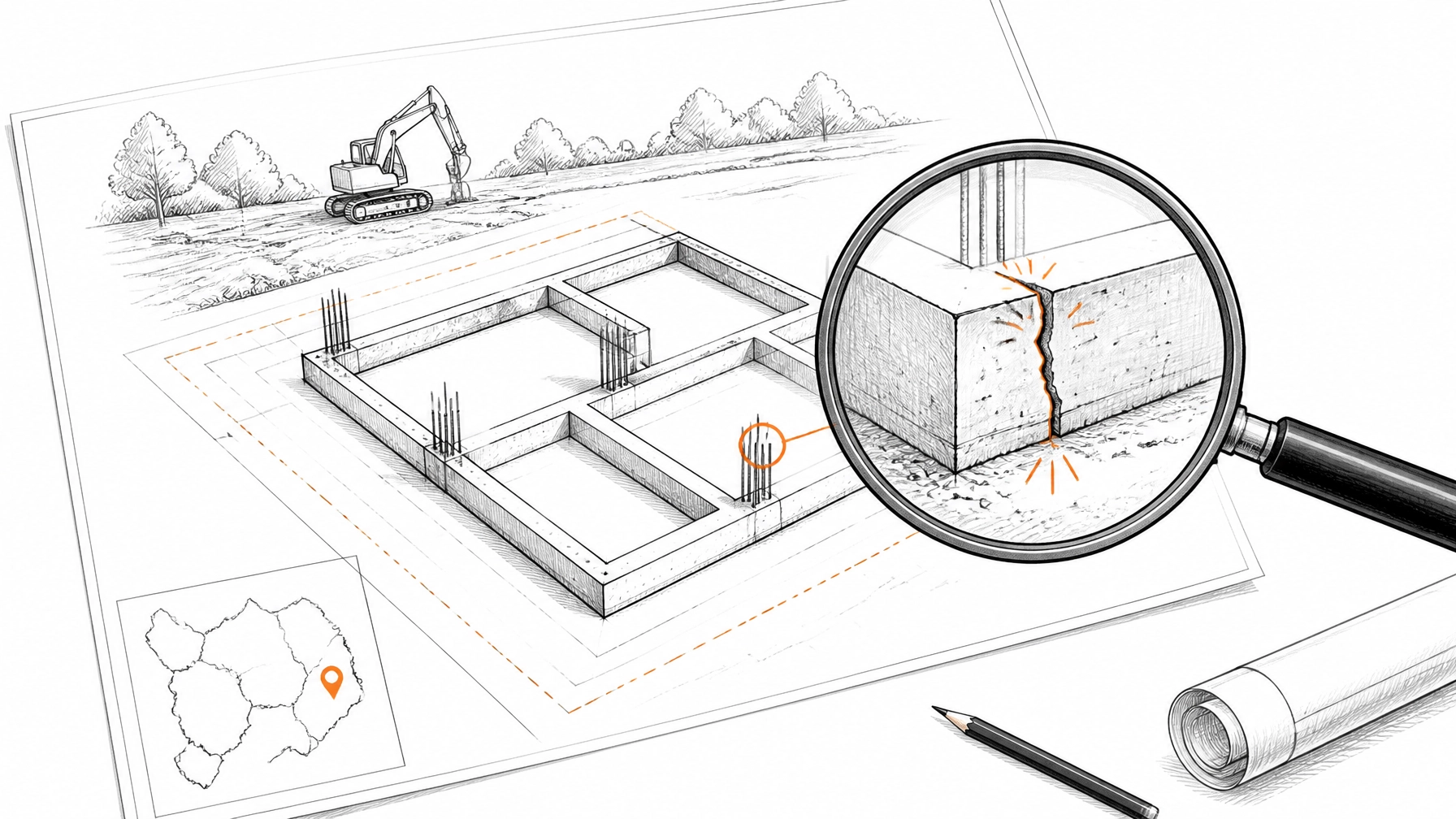 A minimalist sketch of a construction site blueprint with a magnifying glass highlighting a gap in the foundation, featuring subtle orange accents.