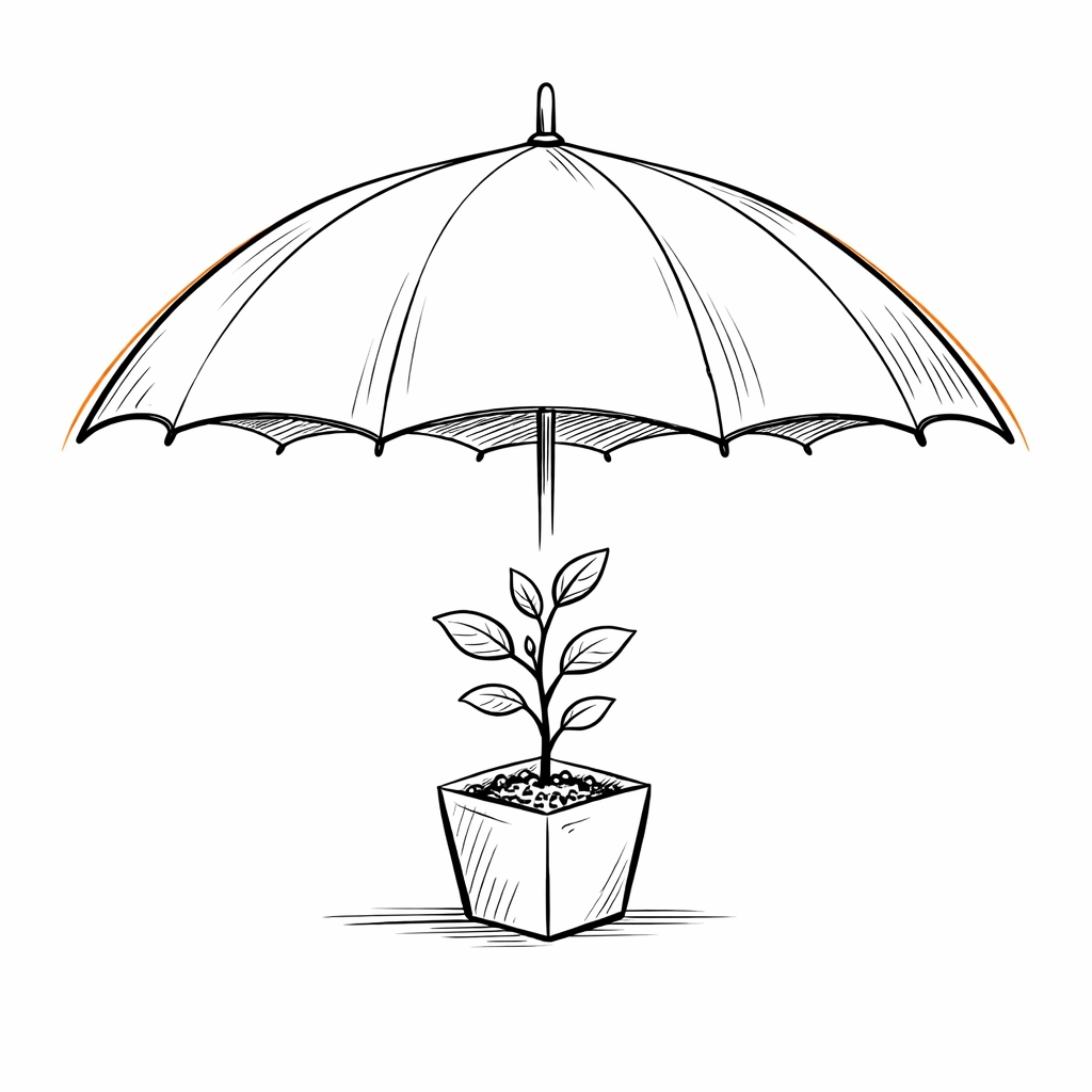 Umbrella protecting a plant symbolizing a comprehensive umbrella of defense for London businesses.