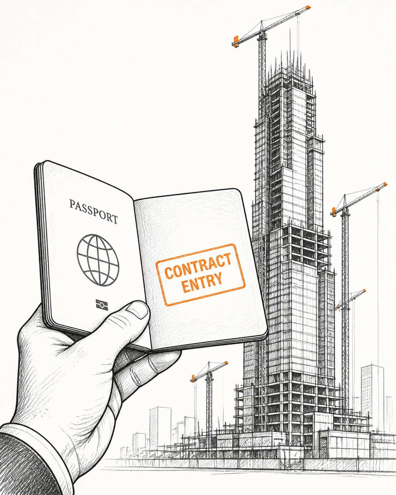 A stylized passport with a CONTRACT ENTRY orange stamp