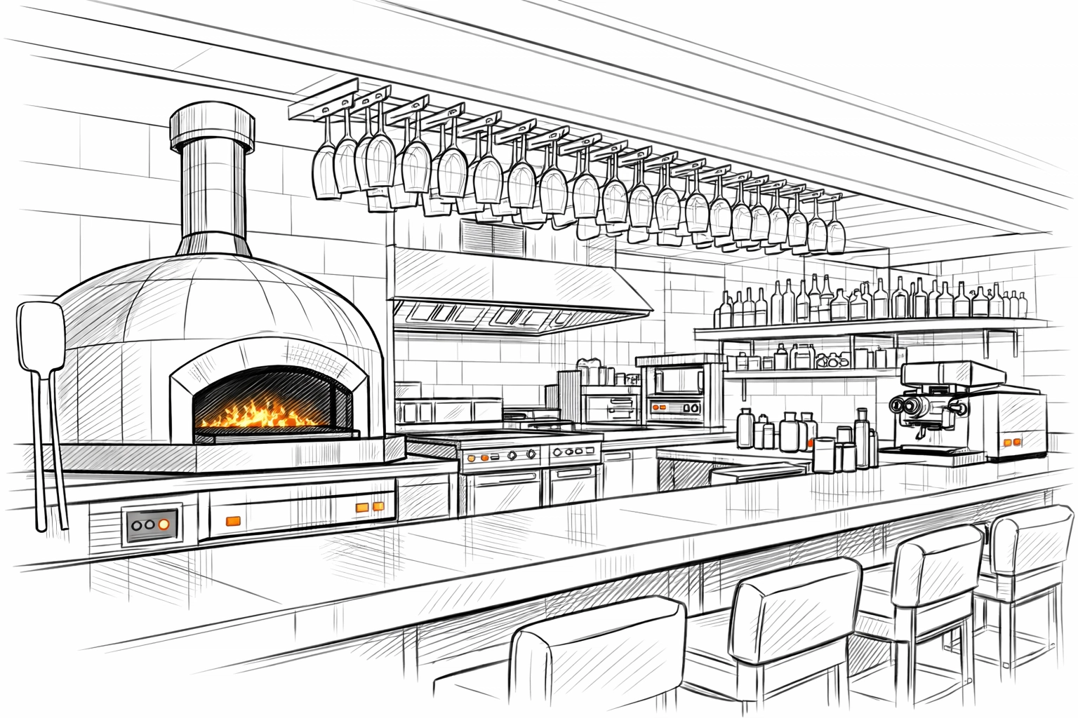 Professional kitchen illustration showcasing equipment and fixtures covered by restaurant business insurance in Essex.