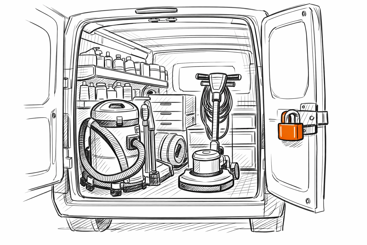 Hand-drawn sketch of cleaning equipment in a van, emphasizing asset protection in cleaning business insurance.