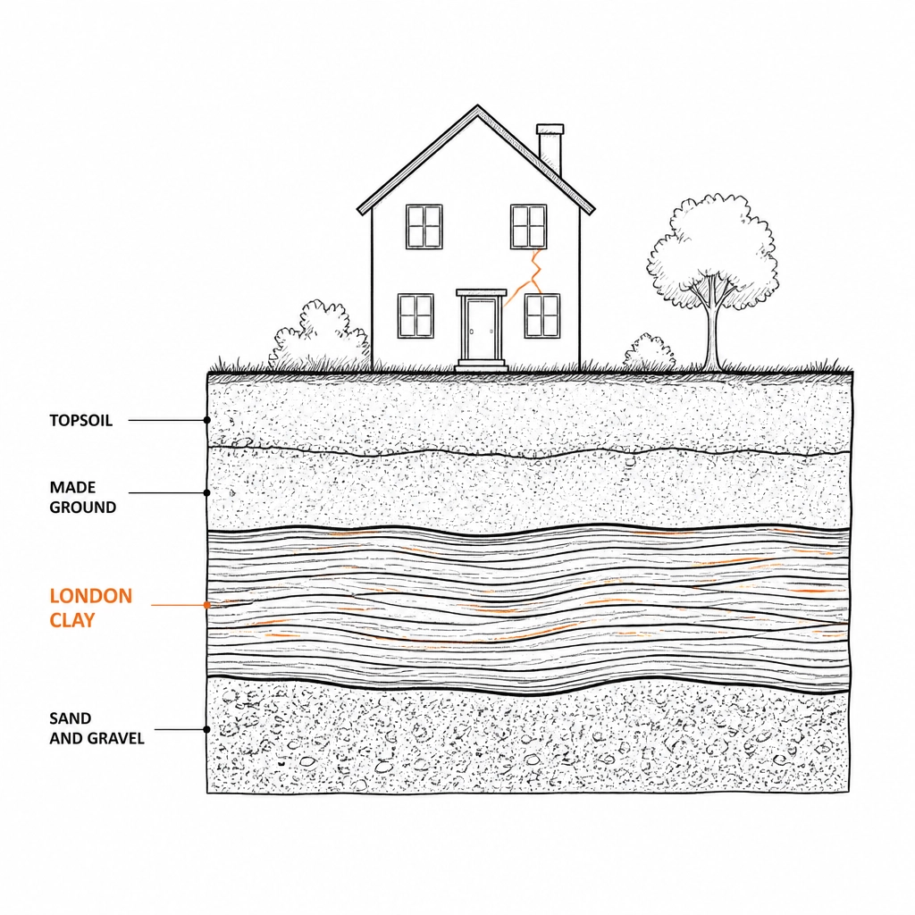 A minimalist sketch of soil layers highlighting the wavy London Clay layer beneath a house with a small crack.