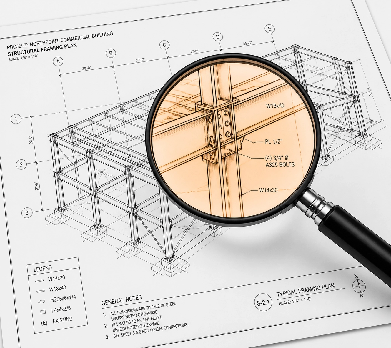 Magnifying glass over building blueprints representing a detailed risk assessment for construction insurance.