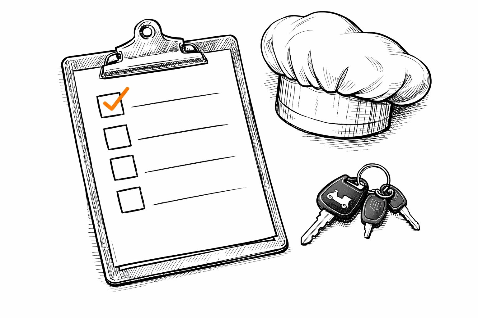 Professional sketch of a takeaway insurance risk audit checklist with a chef's hat and delivery keys.