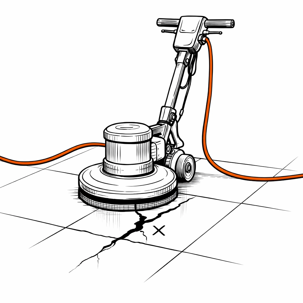 Industrial floor polisher on a damaged tile showing cleaning insurance gaps for property under care and control.