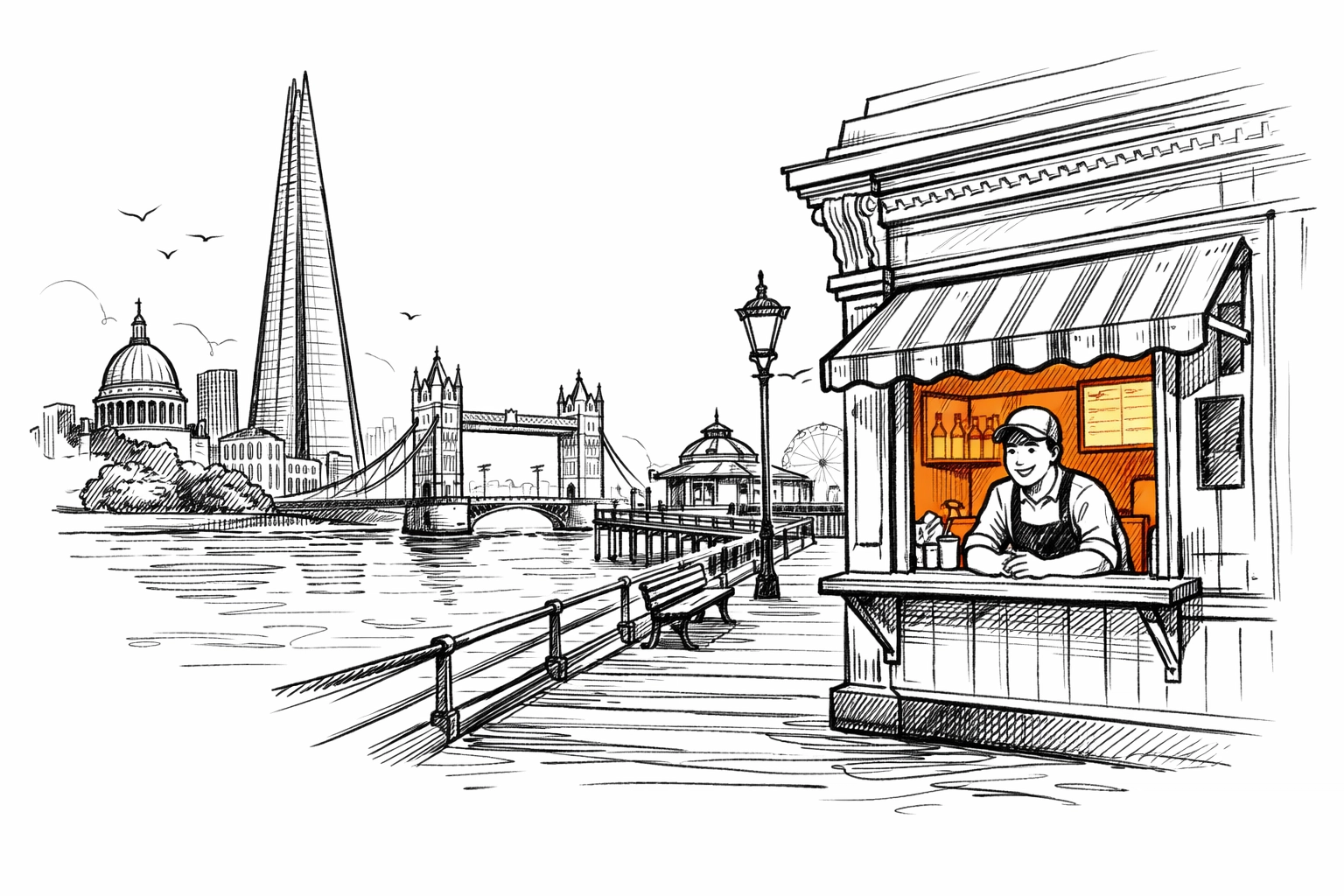 Minimalist illustration of London and Essex landmarks, focusing on local takeaway insurance services.