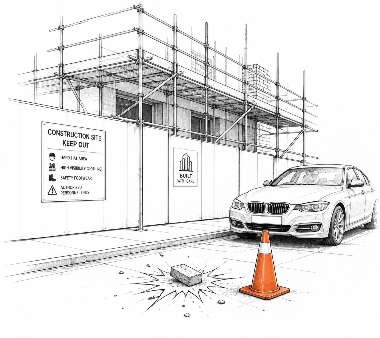 Sketch showing property damage at a construction site for public liability insurance.