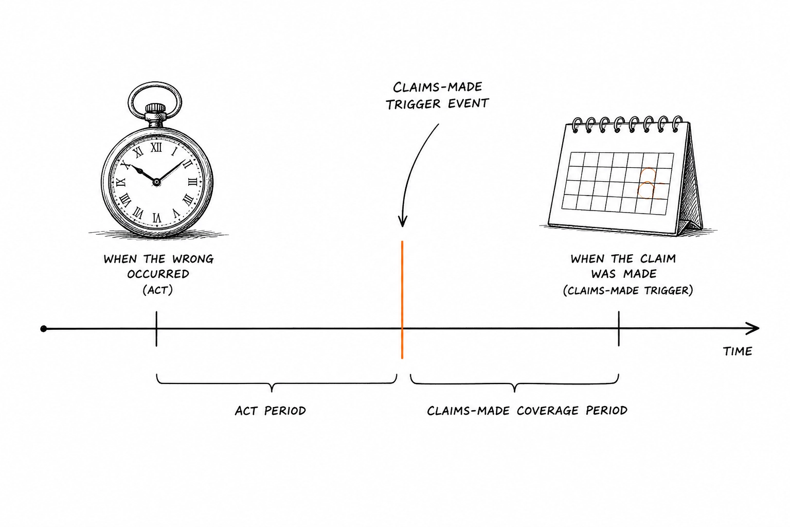 Timeline sketch showing claims-made triggers for contractor professional indemnity insurance.