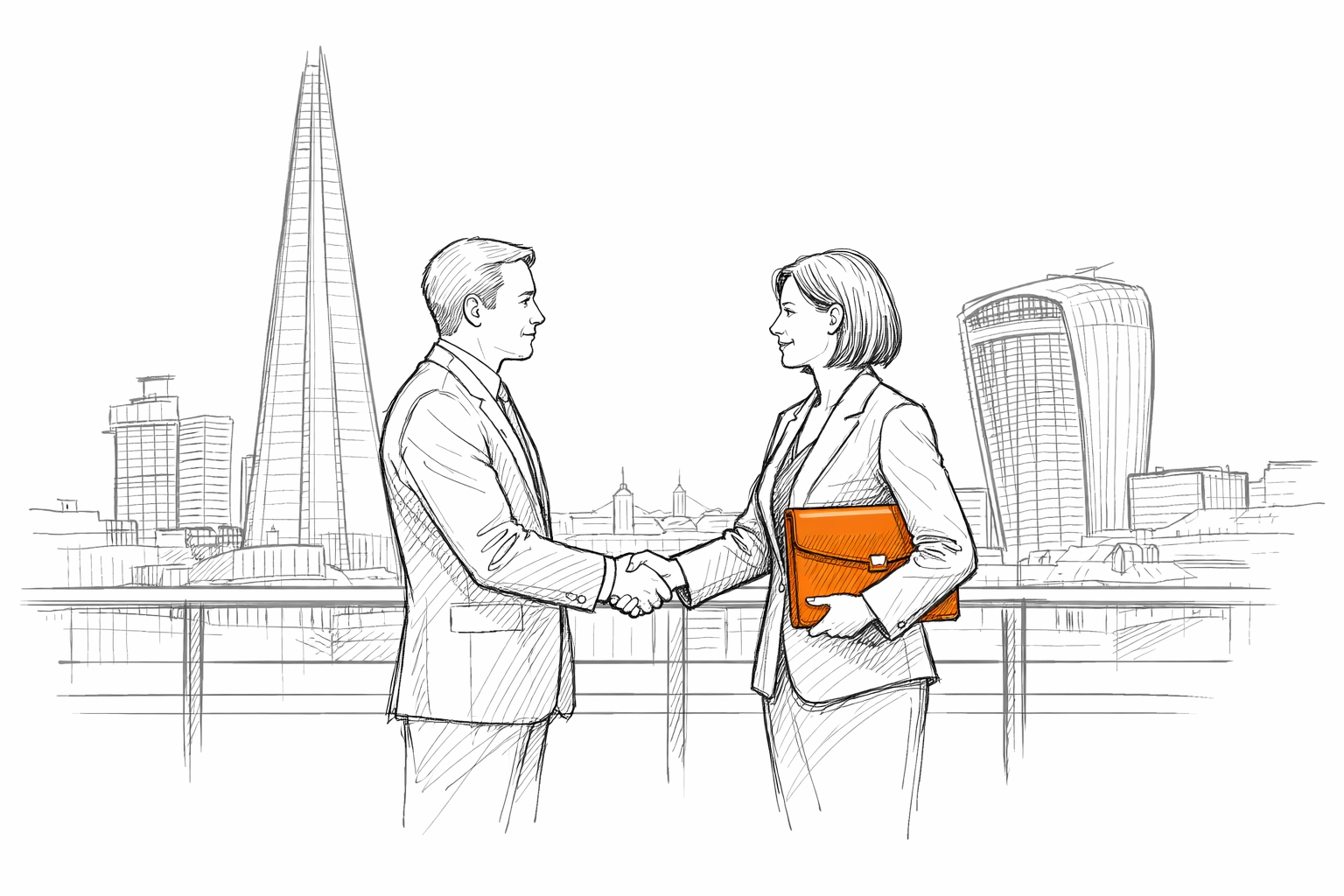 Professionals shaking hands against the London skyline, representing a local insurance broker partnership.