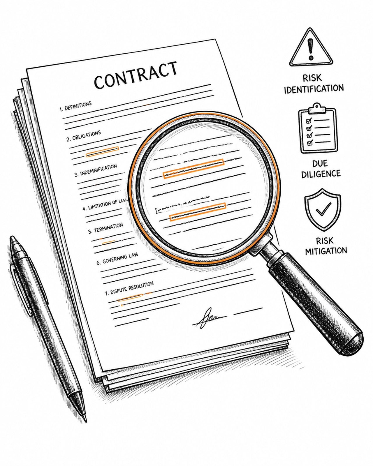 A magnifying glass over a complex legal contract