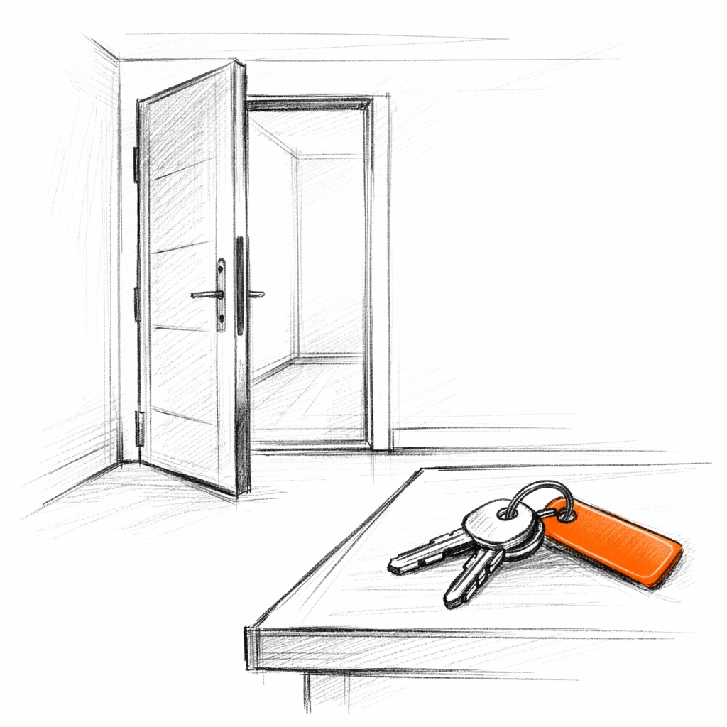 Minimalist sketch of house keys on a table by an open door for estate agency property viewings and liability.