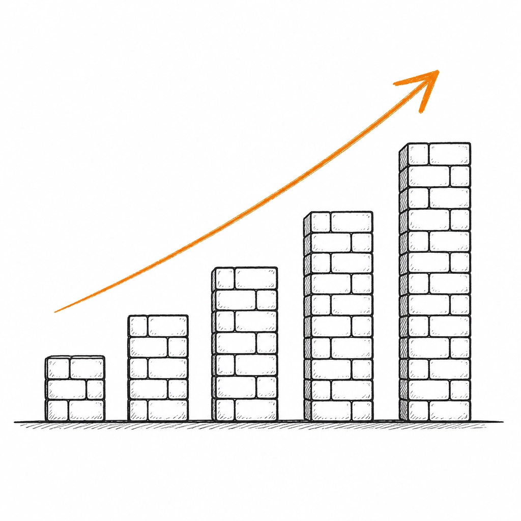 A growing bar chart made of bricks representing a scaling construction business