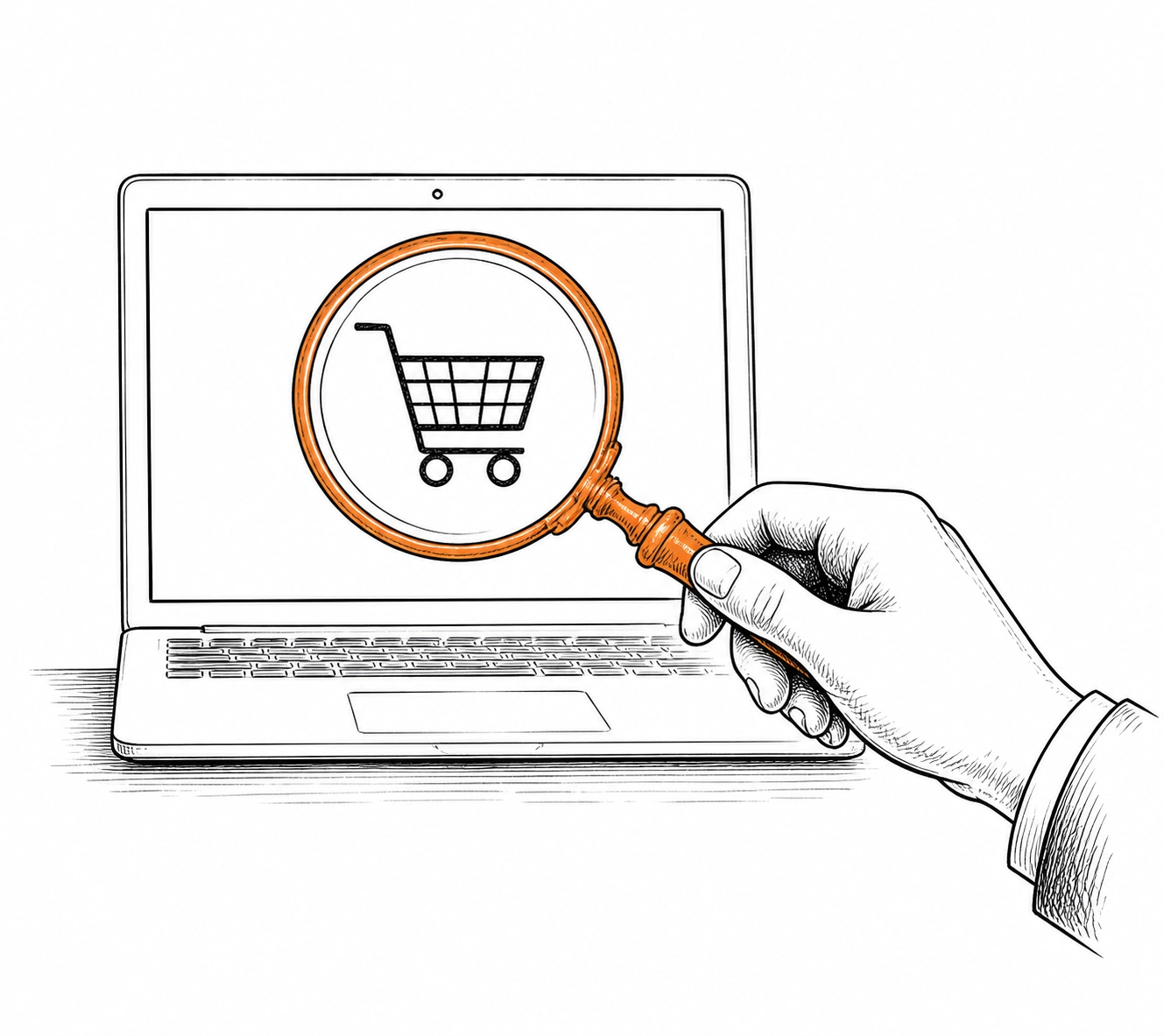 Sketch of a magnifying glass over an online shopping icon, representing expert review for Business Insurance London.