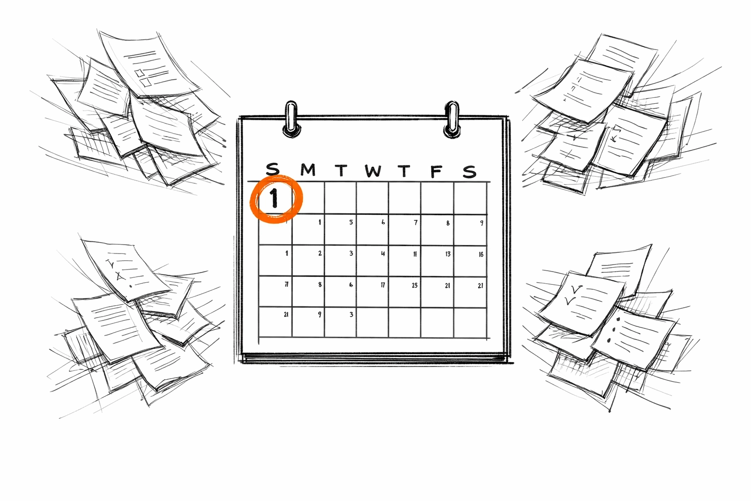 Sketch showing multiple insurance renewal dates consolidating into one single combined policy calendar.