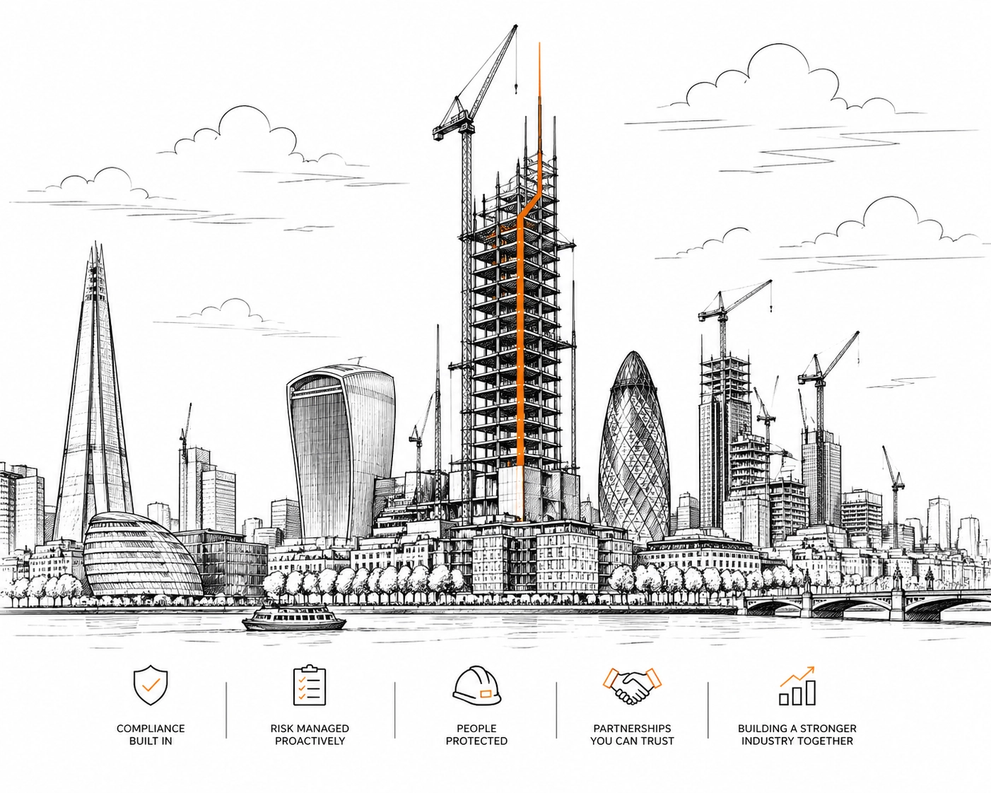 Sketch of the London skyline with cranes, illustrating business insurance and IR35 compliance protection.