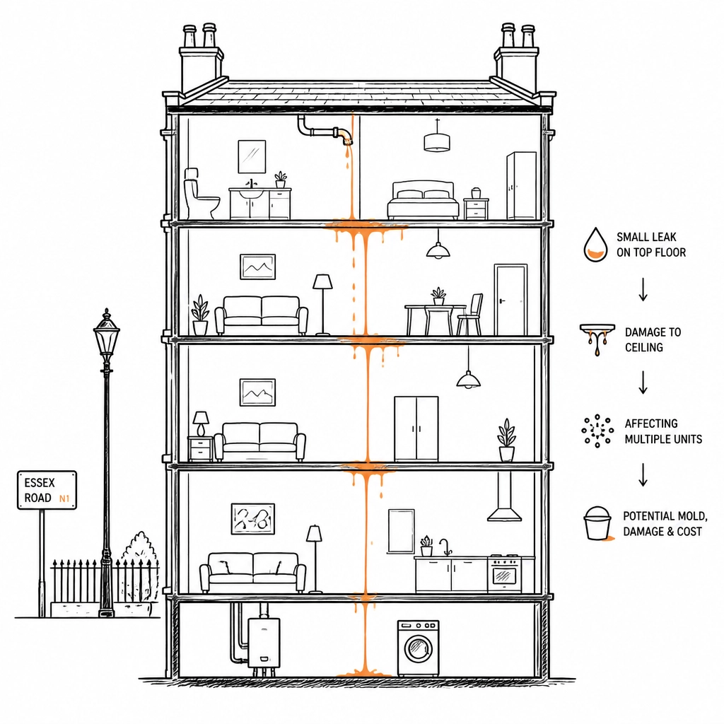 A minimalist sketch showing a cross-section of a multi-story building with a leak cascading through multiple floors.
