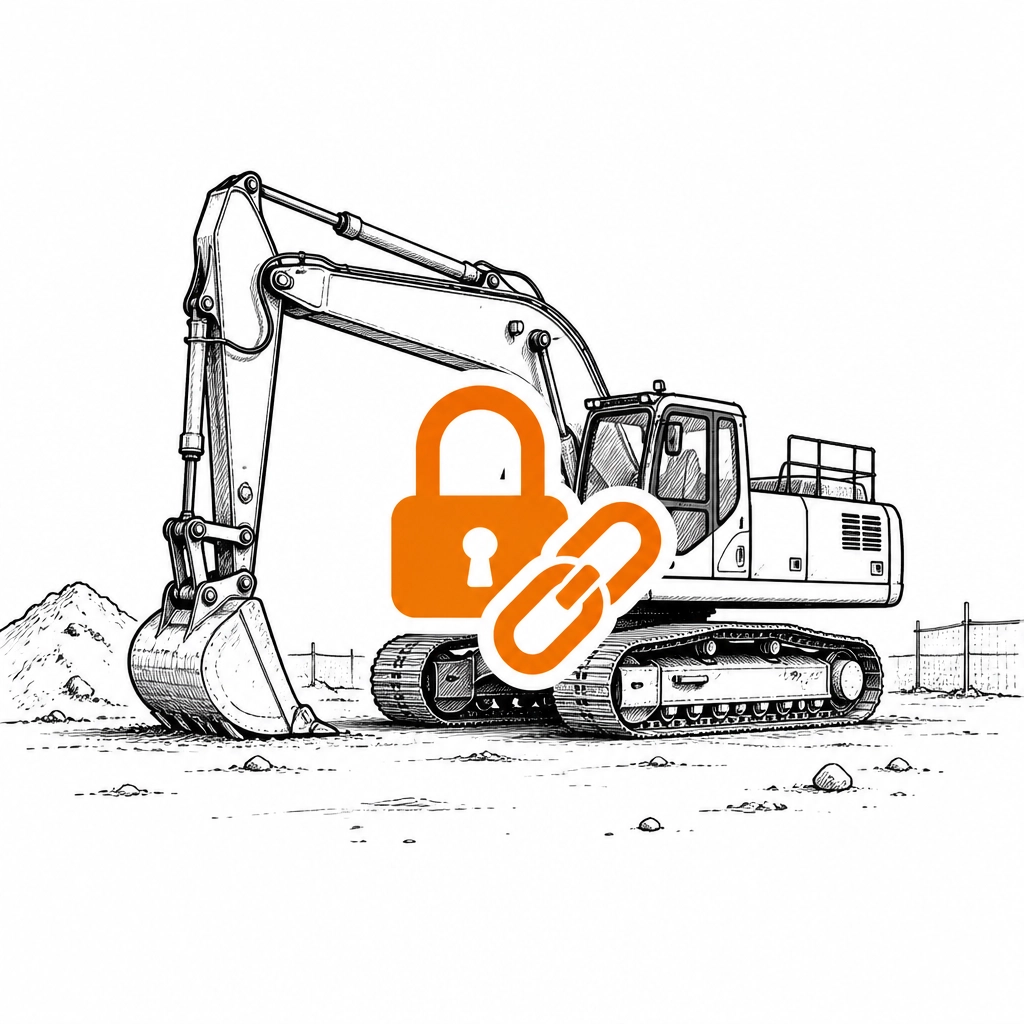 A minimalist sketch of an excavator with an orange padlock icon representing hired-in plant insurance.