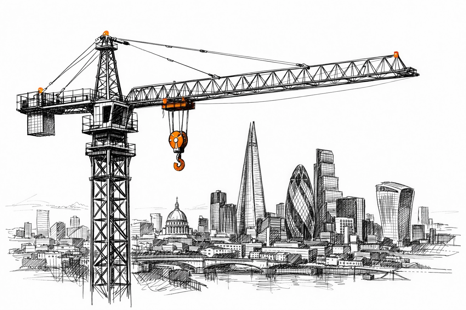 Construction crane in front of London skyscrapers illustrating specialized business insurance needs.