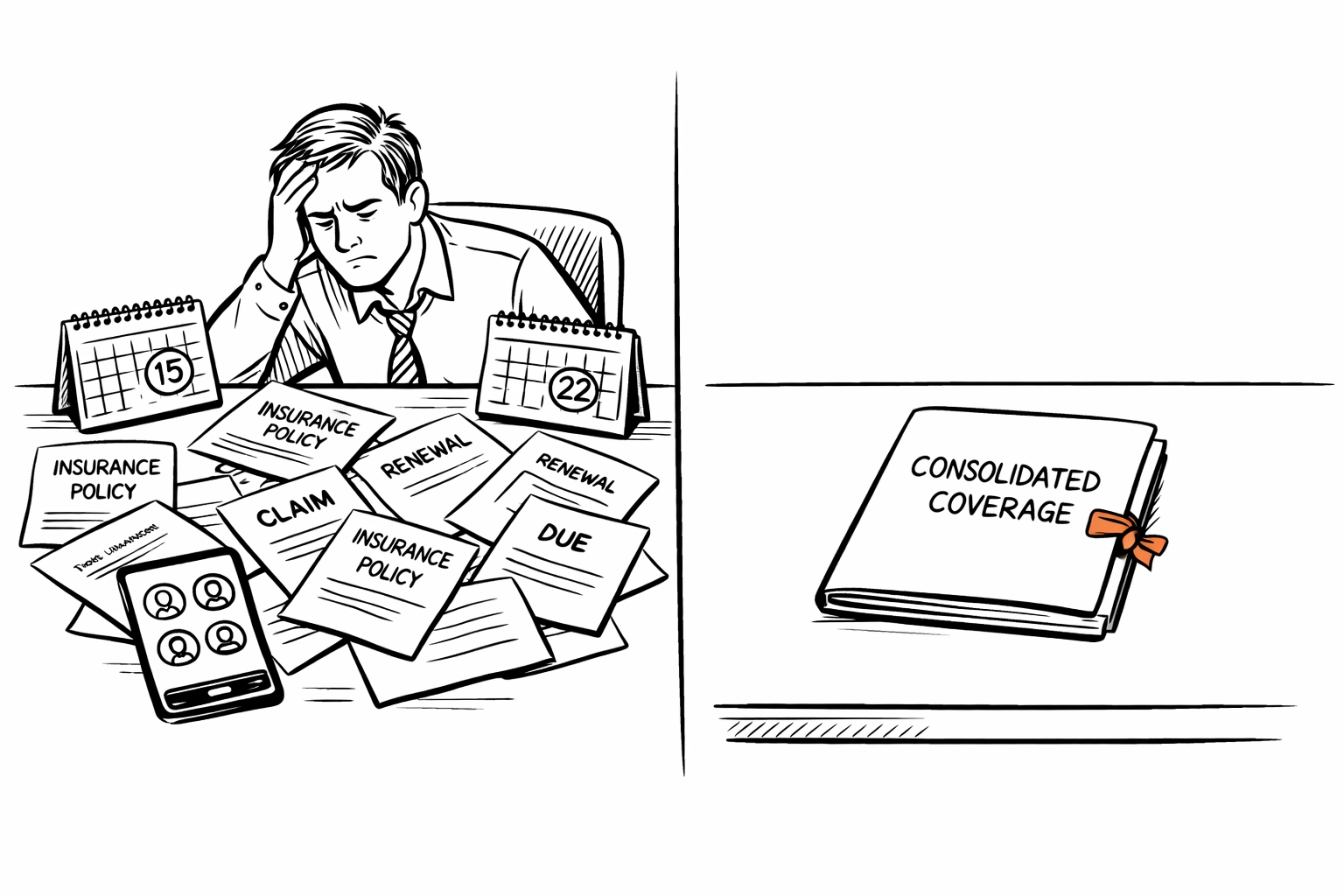 Business owner comparing scattered insurance policies to consolidated combined commercial coverage