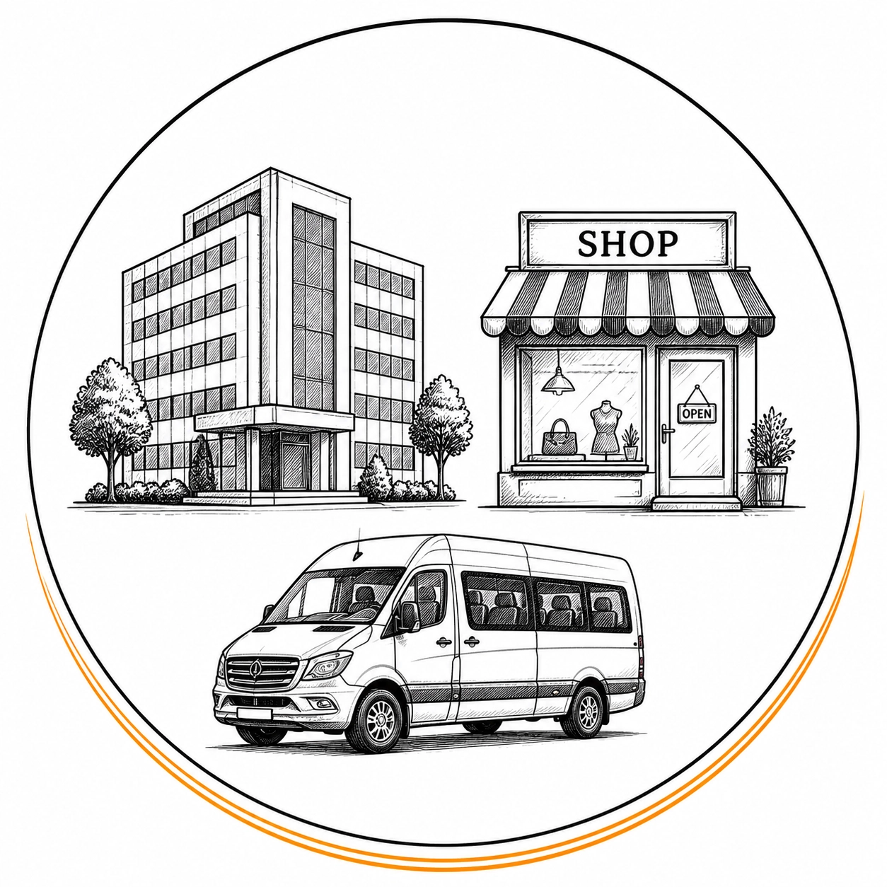 Illustration of commercial combined business insurance bundling office, retail, and vehicle cover.