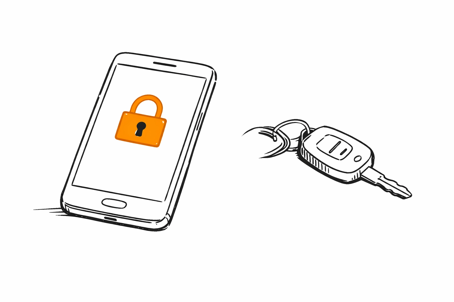 Smartphone with a secure padlock icon next to car keys, representing cyber and auto insurance for property agents.