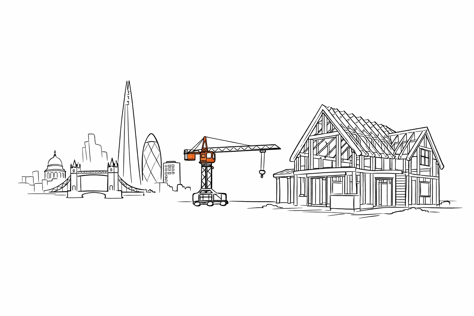Line art of the London skyline and an Essex construction site highlighting regional contractor insurance expertise.