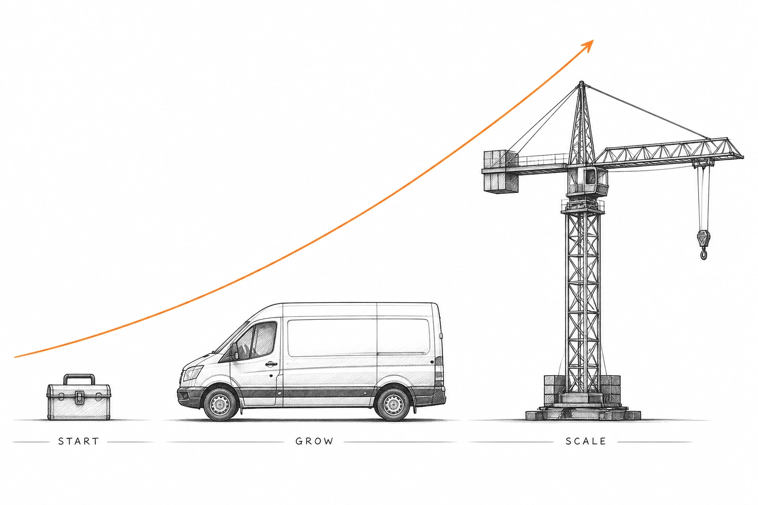 Hand-drawn sequence showing construction business growth from tools to cranes for scaling liability insurance needs.