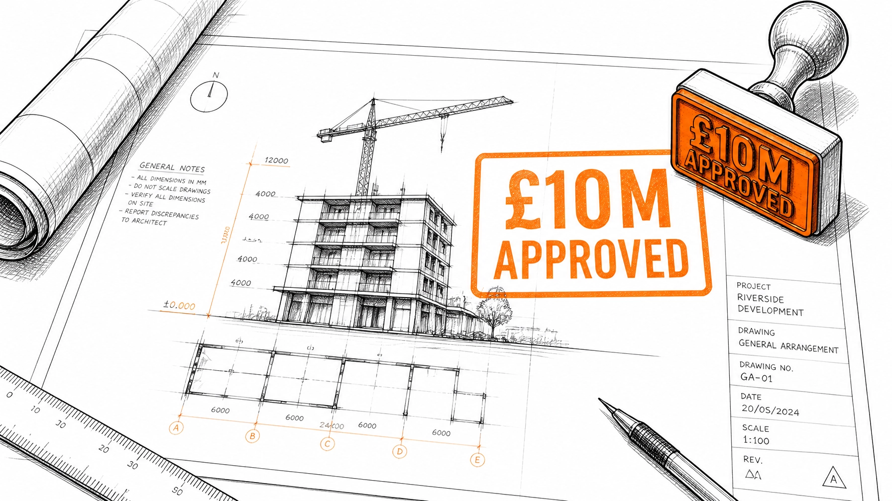A clean minimalist sketch of a construction blueprint with a £10M APPROVED orange stamp