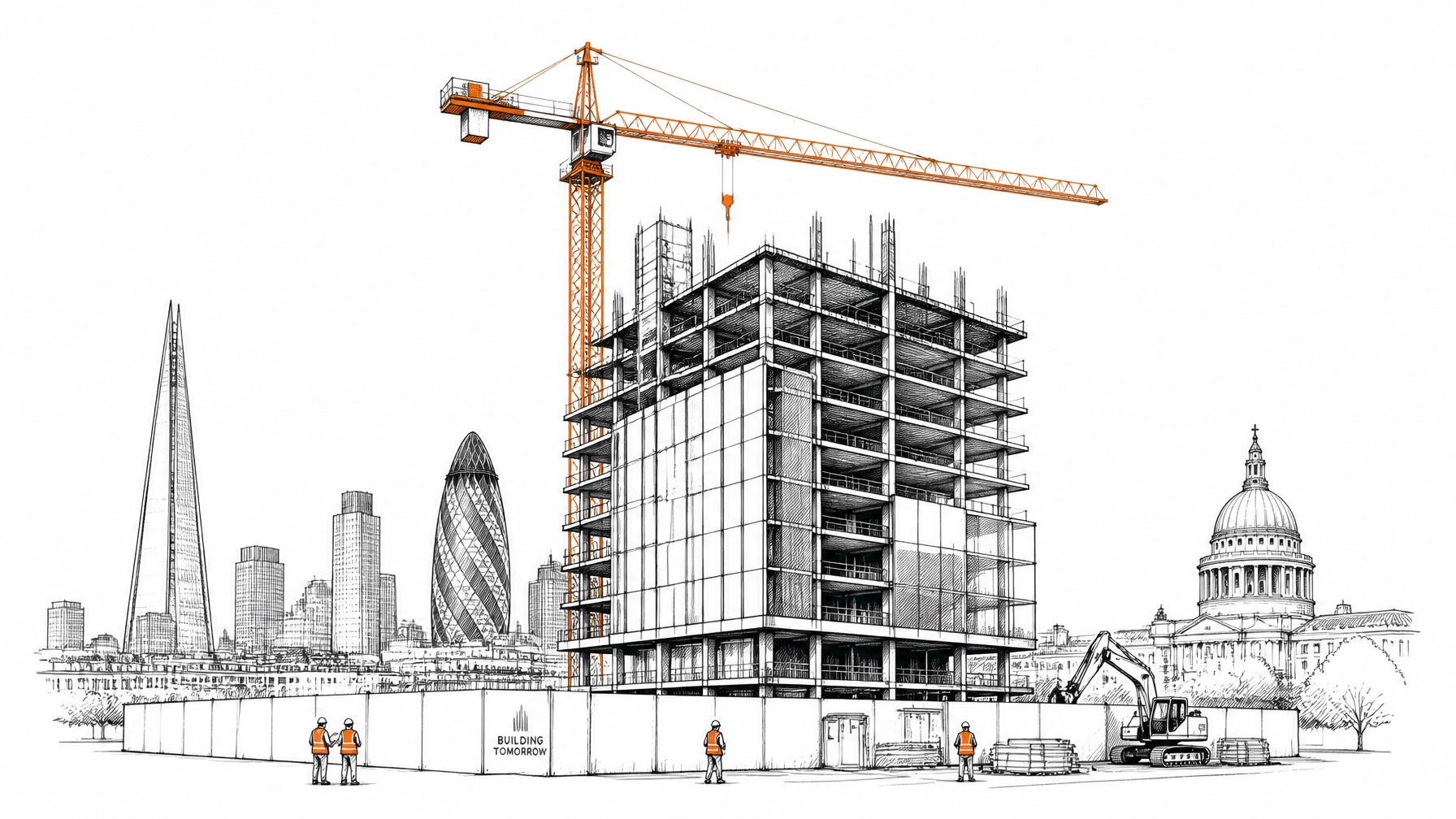 A modern London construction site sketch with subtle orange accents