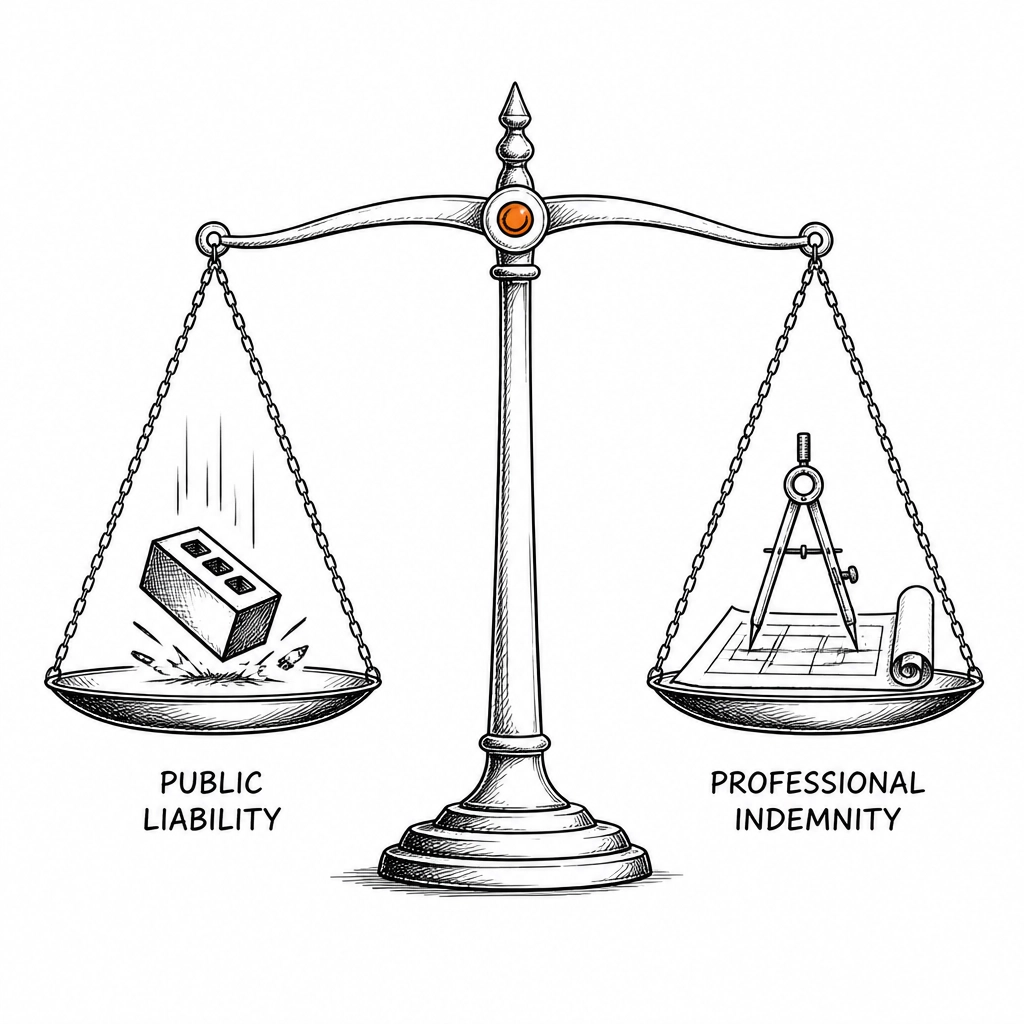 Balance scale showing Public Liability vs Professional Indemnity