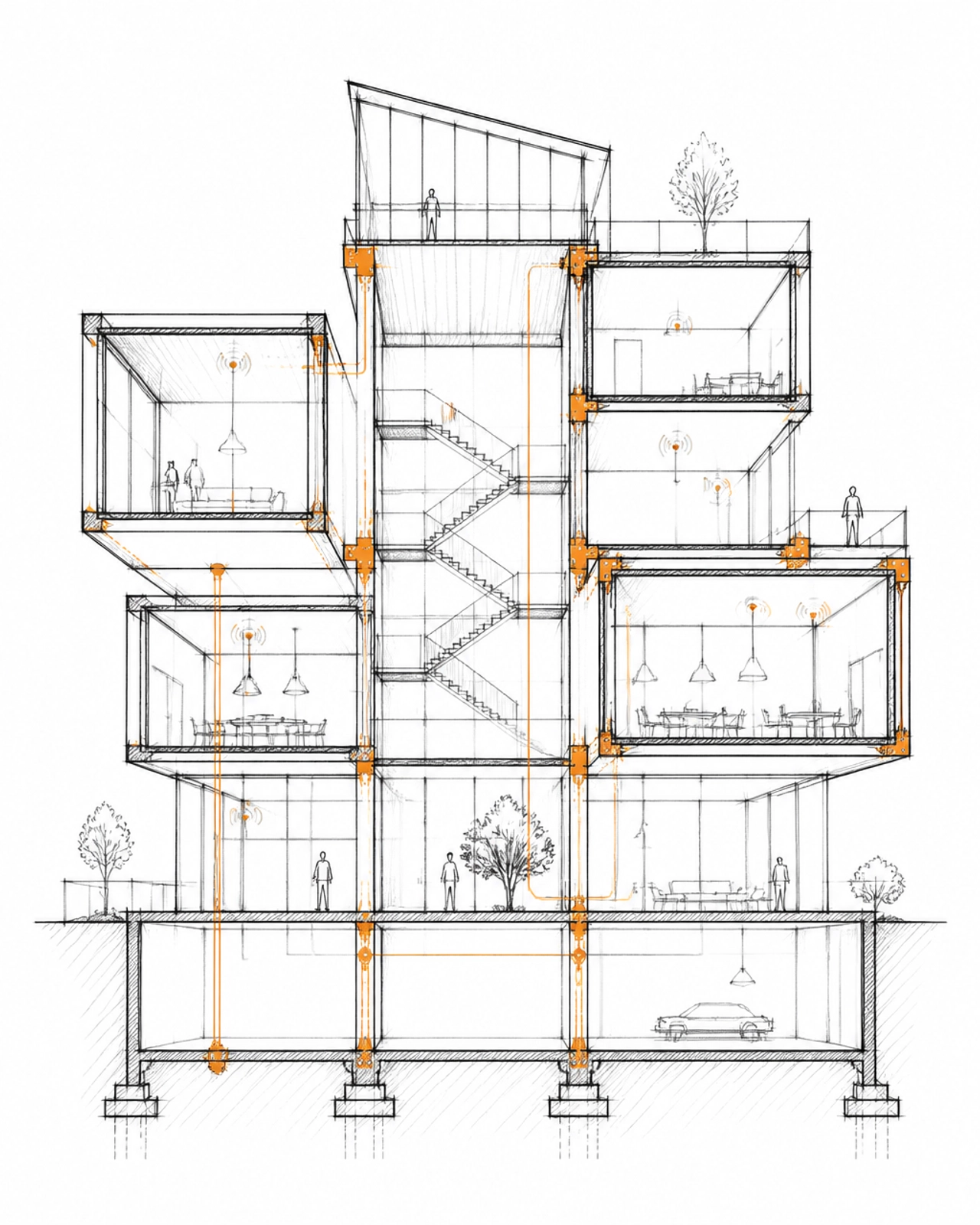 A sketch of a complex modern building with orange highlight lines
