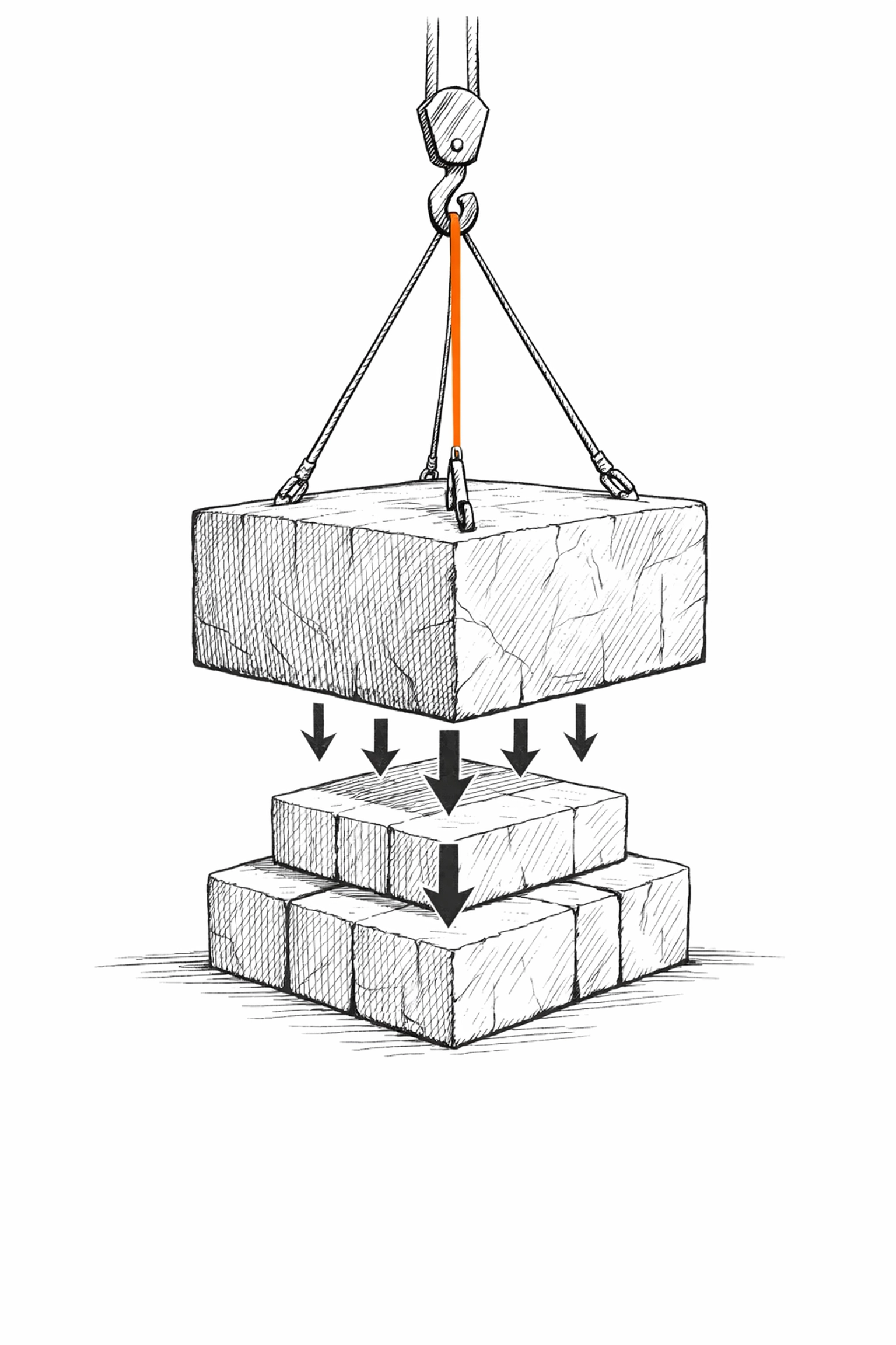Sketch of a crane lowering a block, illustrating budget pressure for construction contractor insurance.