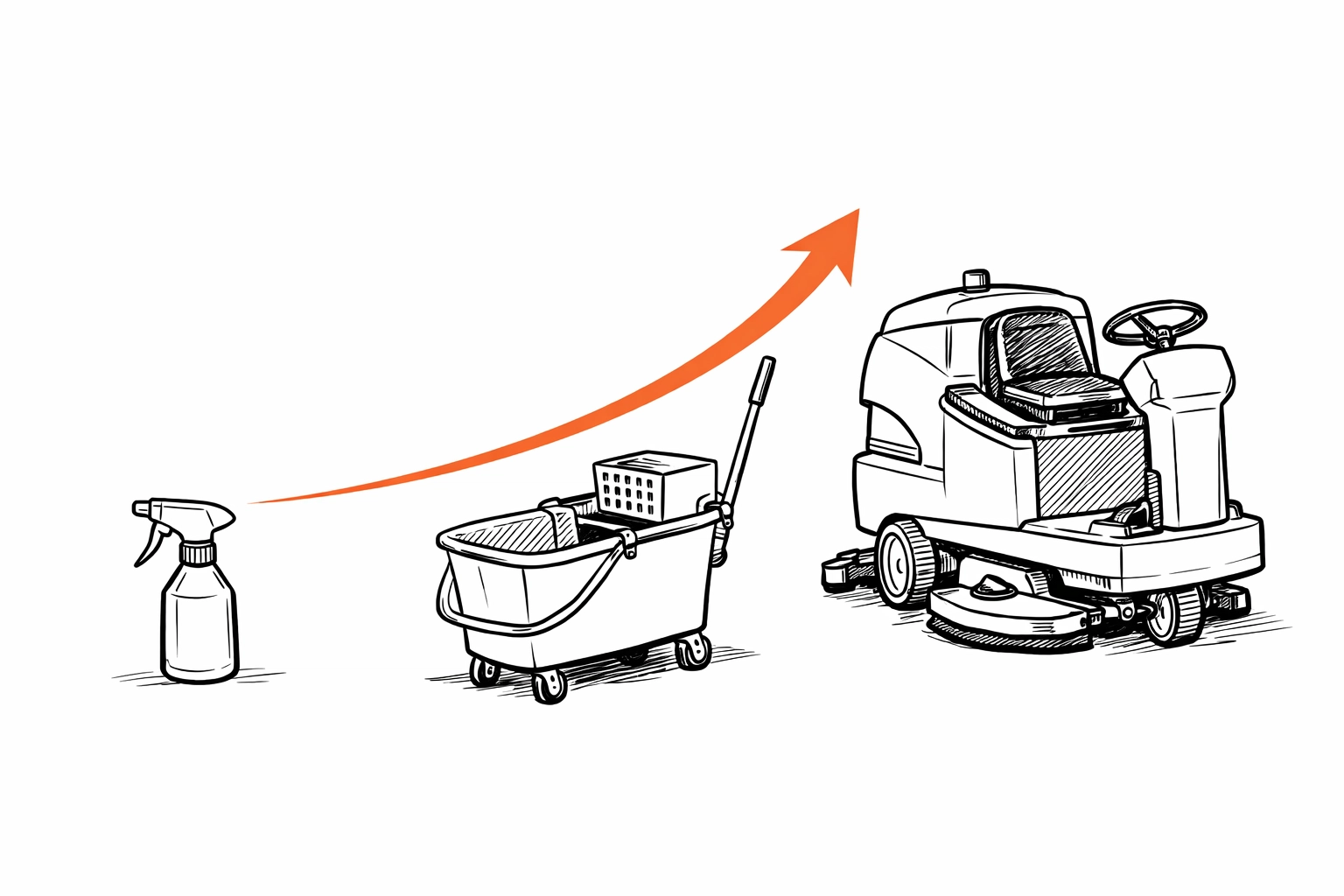 Illustration of cleaning business growth from small tools to industrial equipment needing updated insurance.
