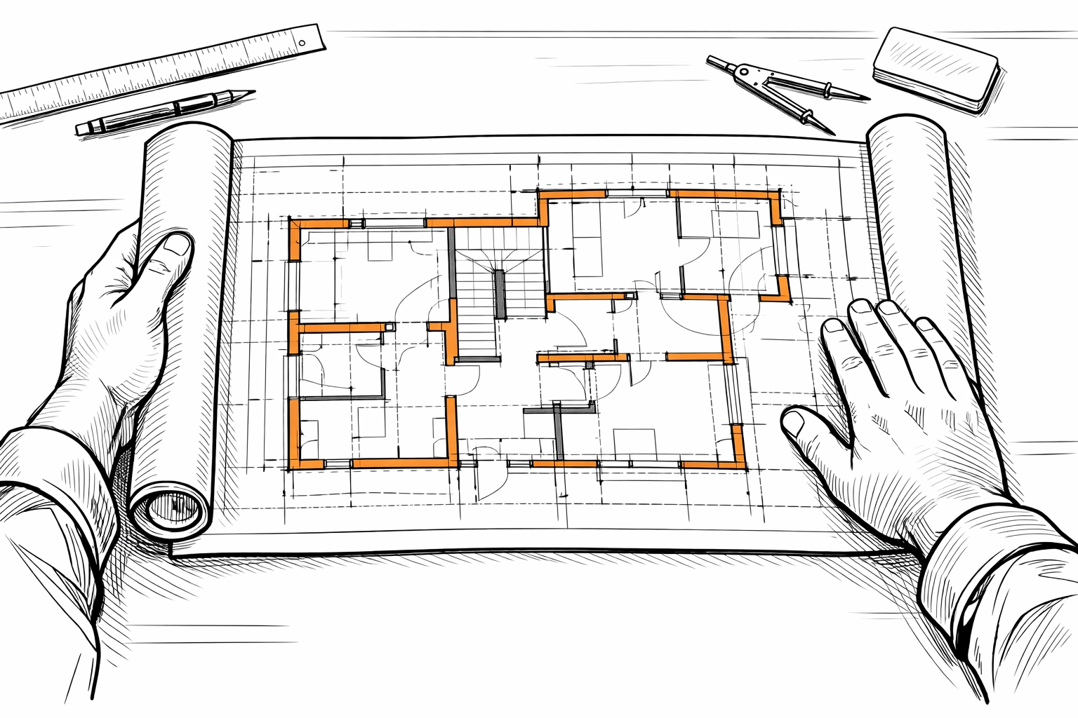 Professional contractor reviewing blueprints to ensure proper preparation for a construction project.