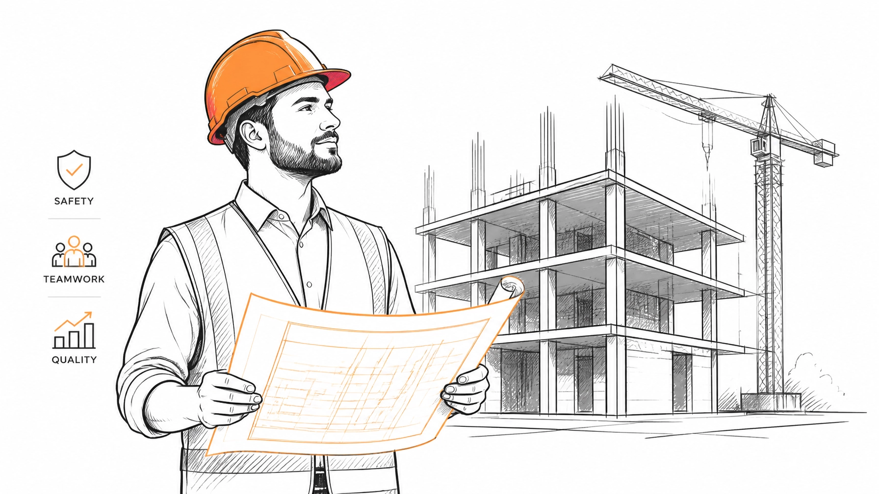 Minimalist sketch of a construction contractor in front of a building site