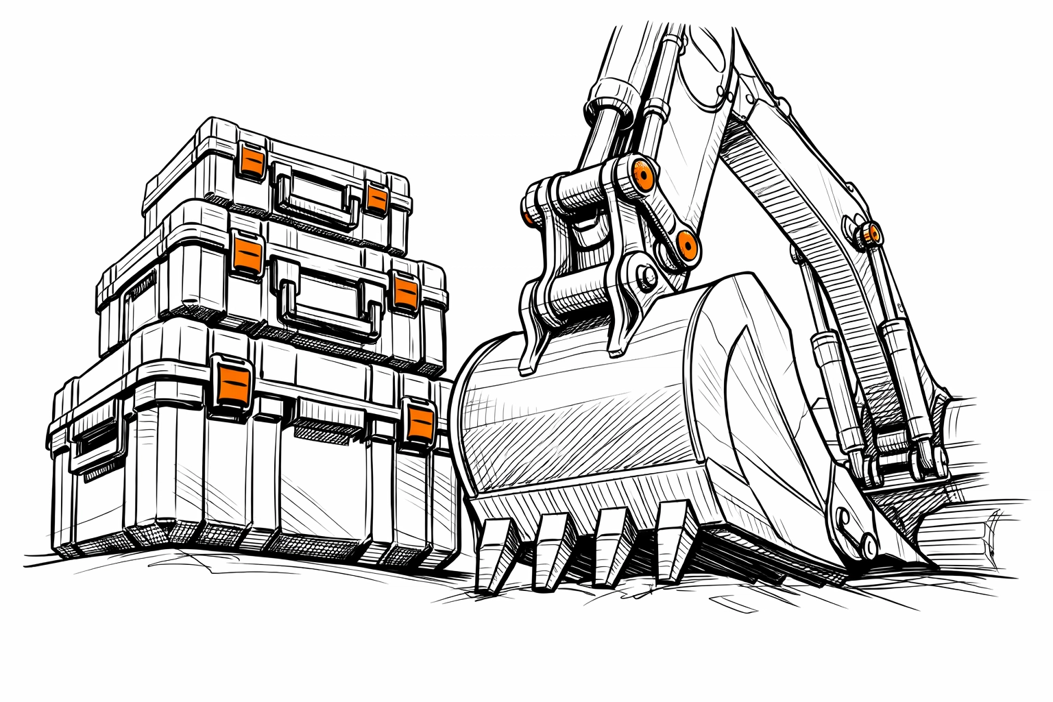 Hand-drawn sketch of construction power tools and an excavator bucket representing equipment insurance for contractors.