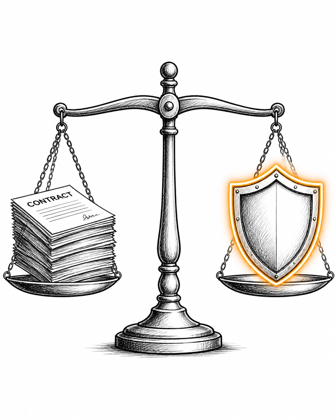 A scale balancing contracts and an orange protective shield