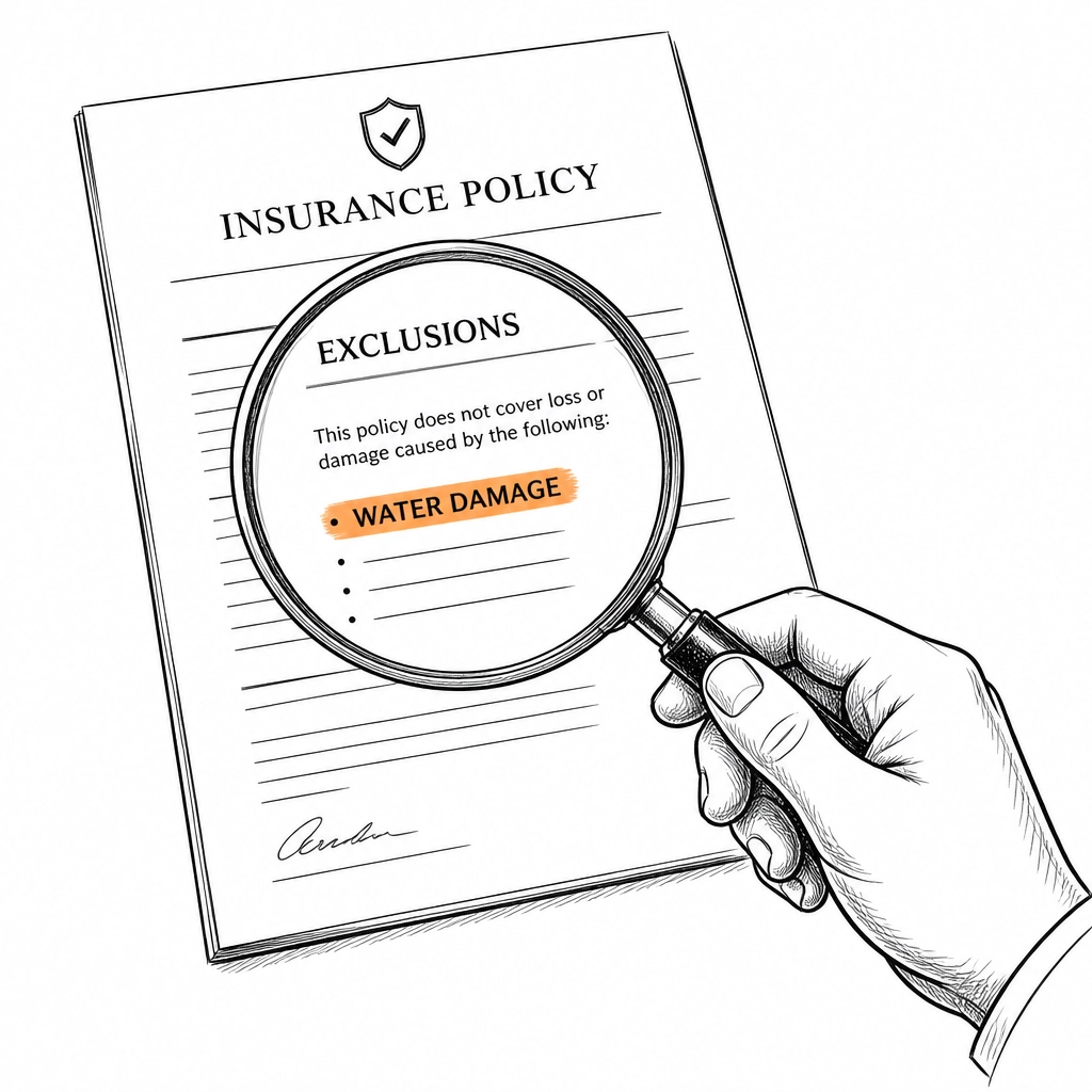 A minimalist sketch of a magnifying glass over an insurance contract with "WATER DAMAGE" highlighted.
