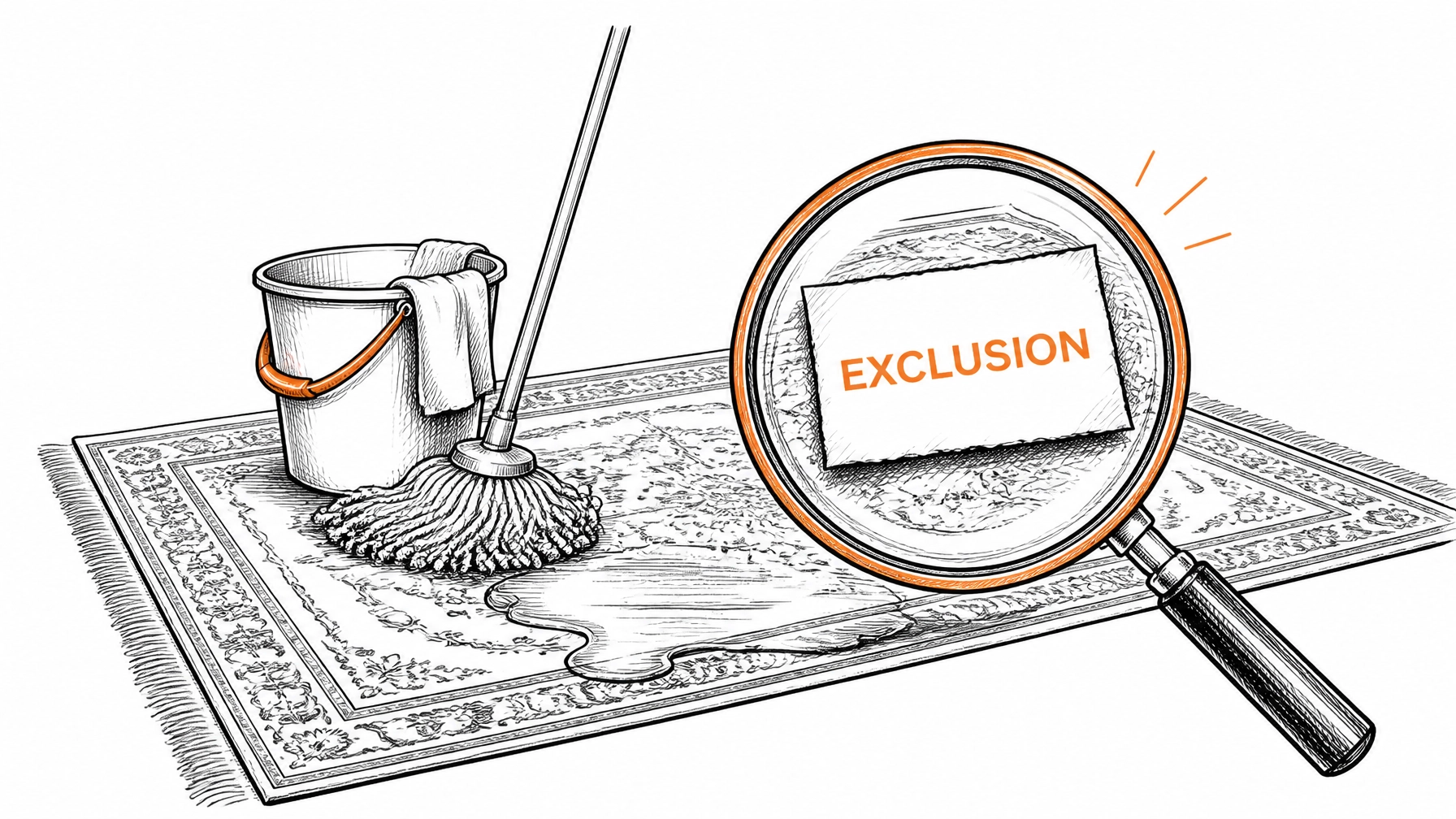 A minimalist sketch of a cleaning bucket on a luxury rug with an 'Exclusion' magnifying glass