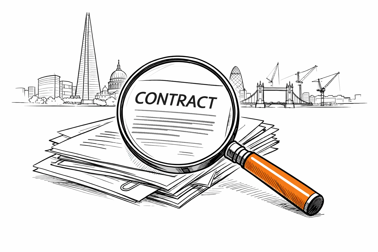 Magnifying glass over documents with London skyline, illustrating business insurance audit in London.
